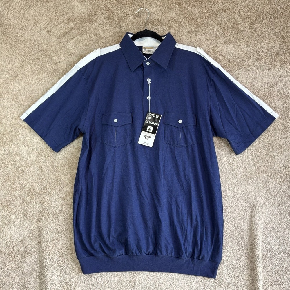 NOS London Fog Men's Knit Polo Shirt XLT Blue Pockets 80s 90s Nautical NWT